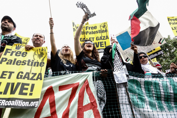 Demonstrators chant "free Gaza Now!" during the Palestinian National March on the White House, 8-2-2014 