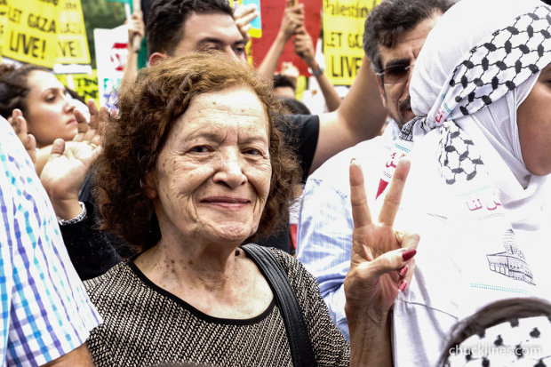 Palestinian supporter offers a sign of peace.