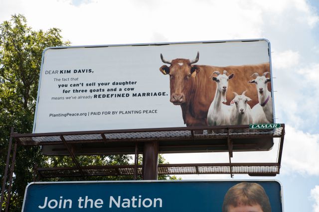 MOREHEAD, Ky. Sep 13, 2015 - The non-profit organization, Planting Peace, pays to have a billboard erected in Kim Davis’ hometown of Morehead, Kentucky. Rowan County Clerk Kim Davis objects to gay marriage on religious grounds.