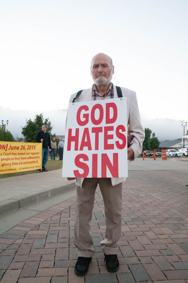 MOREHEAD, Ky. Sep 14, 2015 - Willard Manning, from West Monroe, Louisianan, holds his sign in front of the Rowan County Courthouse in support of Kentucky clerk Kim Davis' refusal to authorize marriage licenses to same-sex couples.