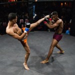Eddie Lopez (Left) throws a kick to the head which is successfully blocked by Derrick Wick during TFC 135, Friday September 25, 2015.